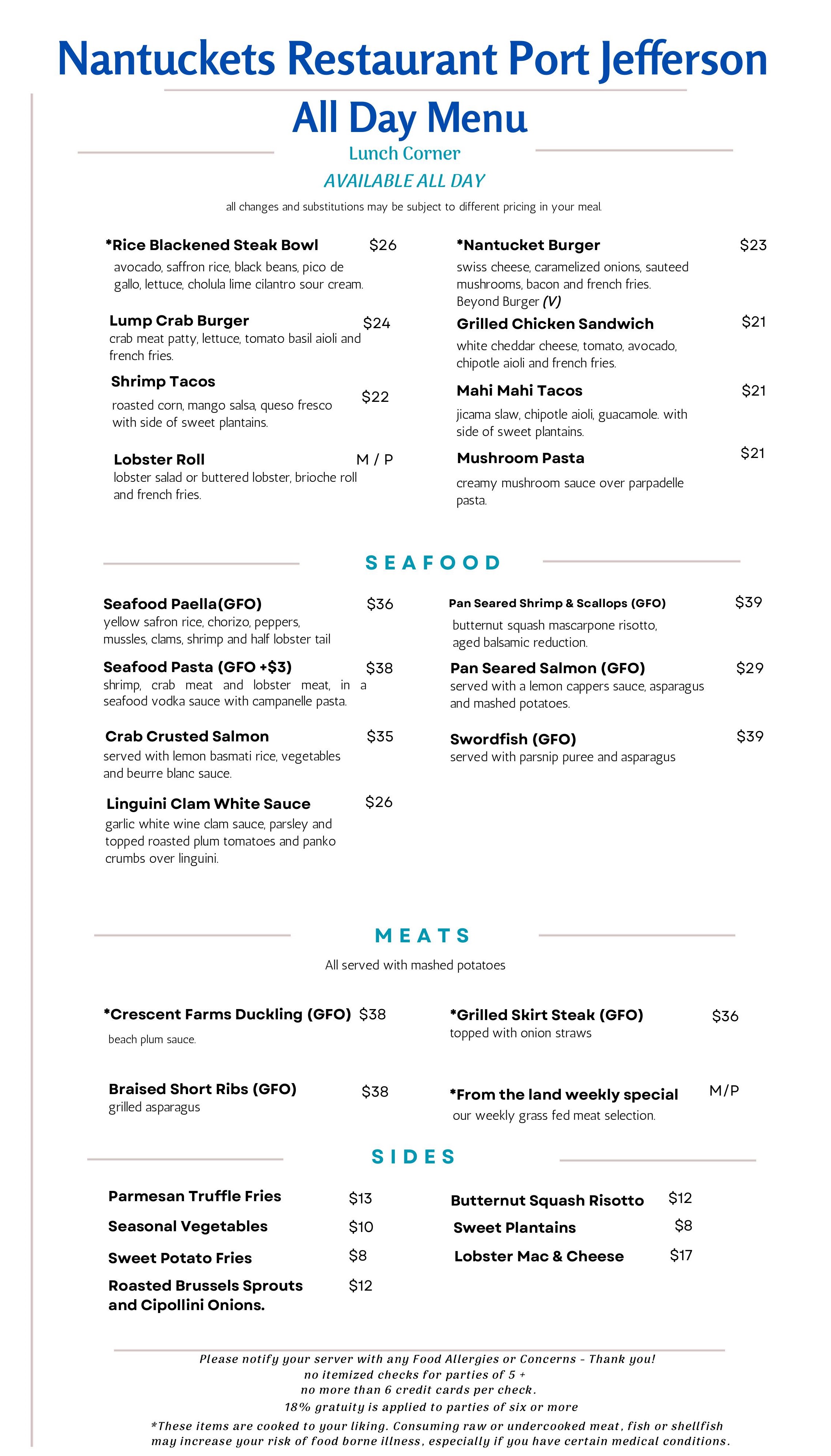 Nantuckets Port Jefferson Menu